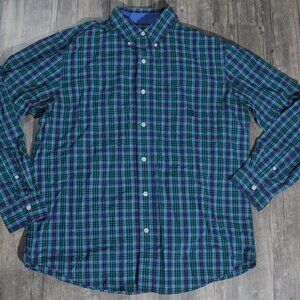 Chaps Mens Dress Shirt sz L Green Blue Plaid Classic Fit Easy Care Button Down